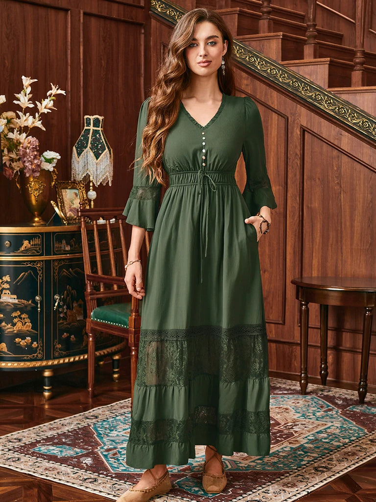 Scarlet Darkness Brown Renaissance Lace Hem Pockets Maxi Dress