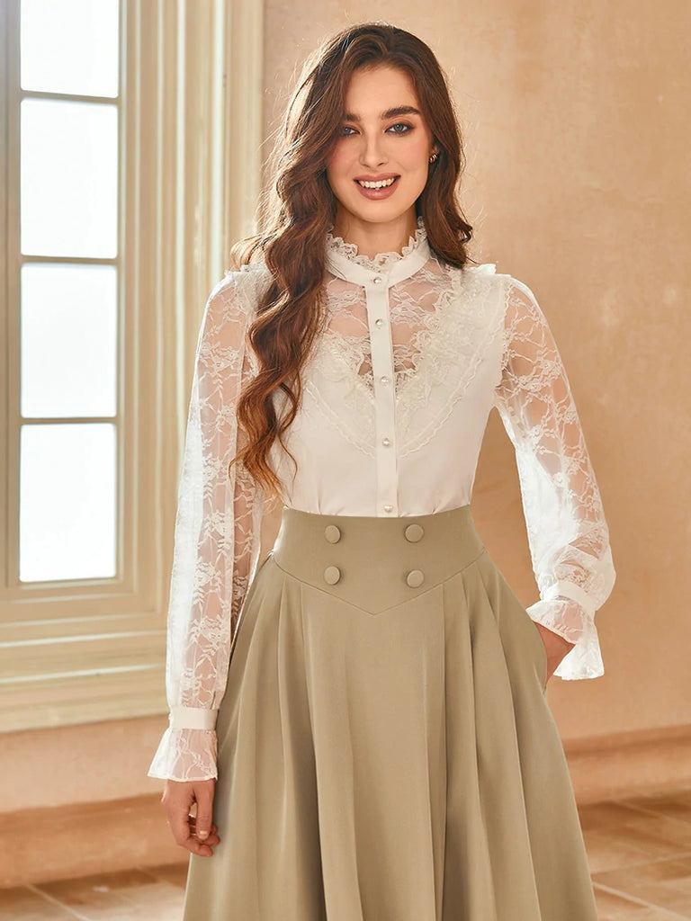 Scarlet Darkness Victorian Lace Patchwork Stand Collar Shirt Tops