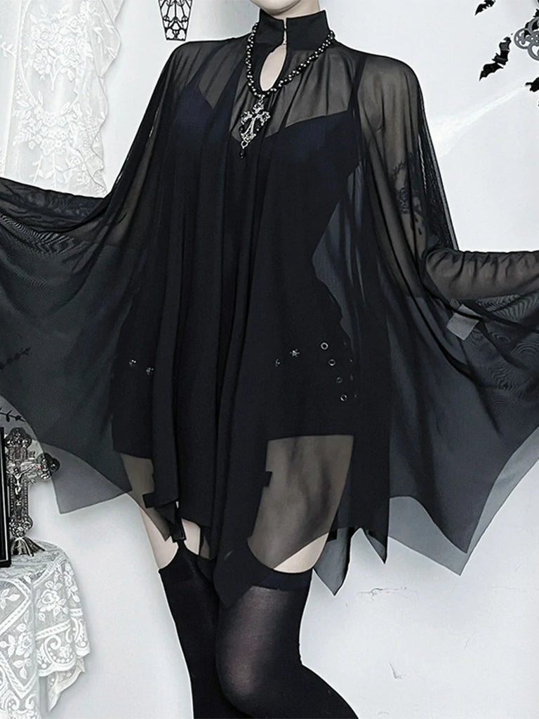 Scarlet Darkness Gothic Suspender Bodysuit Mesh Cape Two-Piece Set