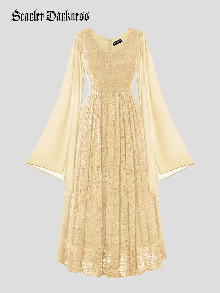 Scarlet Darkness VIctoria Gothic Chiffon Lace Slit Sleeve Party Dress Apricot