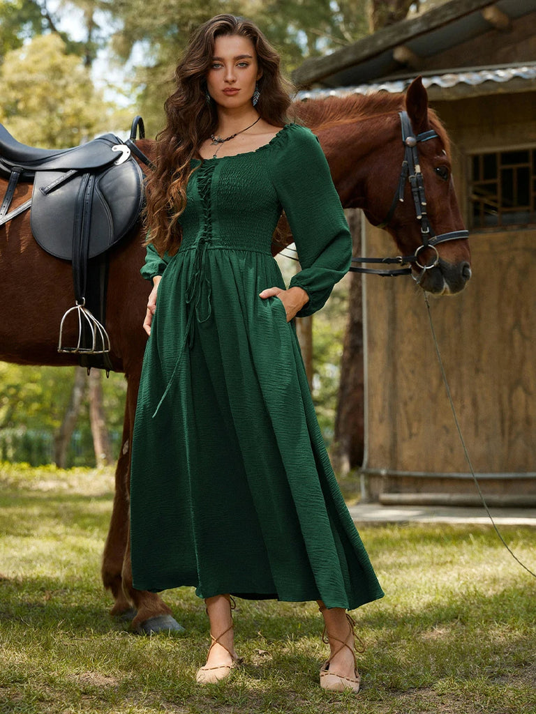 Scarlet Darkness Renaissance Elastic Waist Cross Straps Pockets Dress