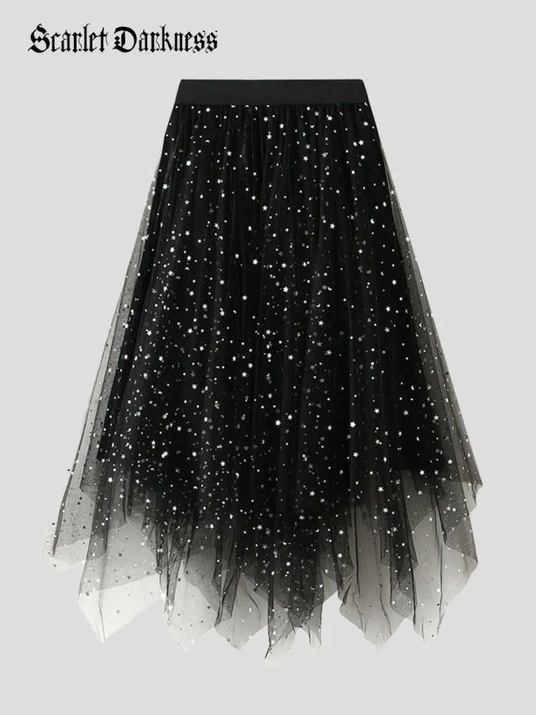 Scarlet Darkness Women Puffy Star Mesh Irregular Hem Skirt Black 60cm-100cm