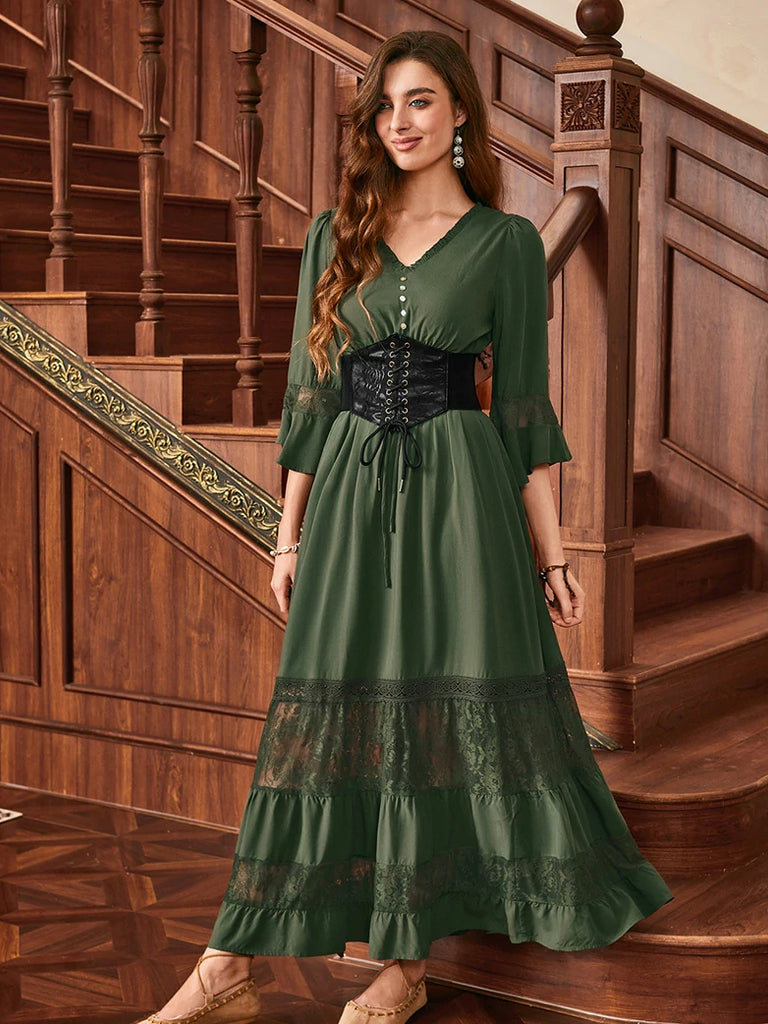 Scarlet Darkness Brown Renaissance Lace Hem Pockets Maxi Dress