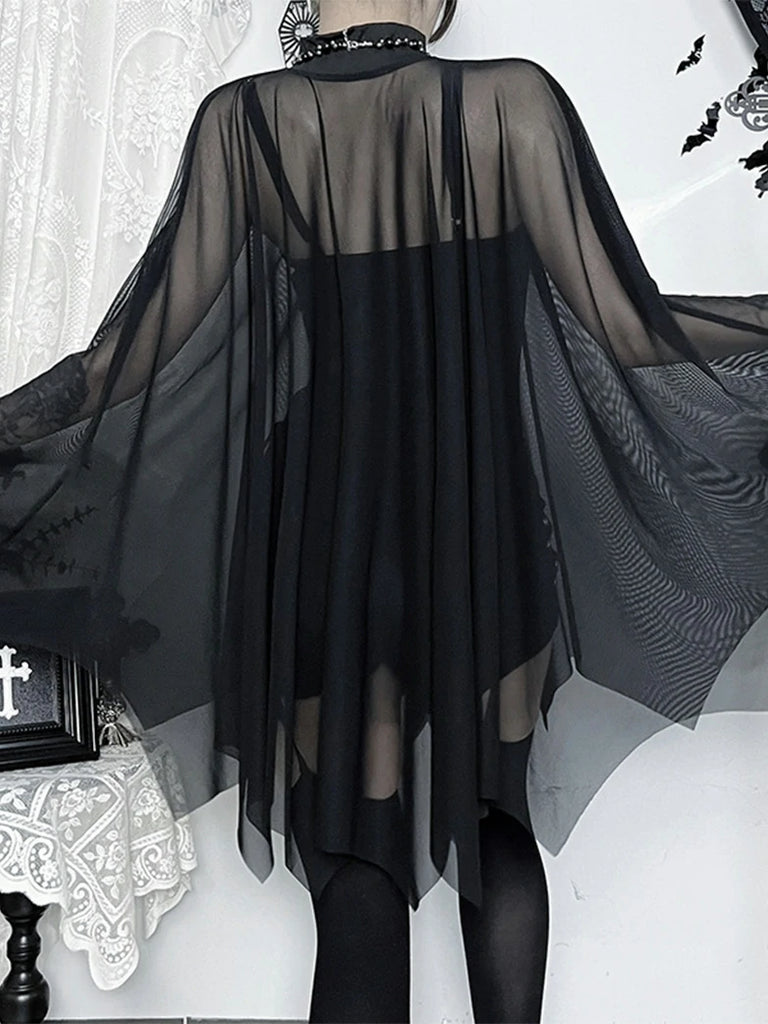 Scarlet Darkness Gothic Suspender Bodysuit Mesh Cape Two-Piece Set