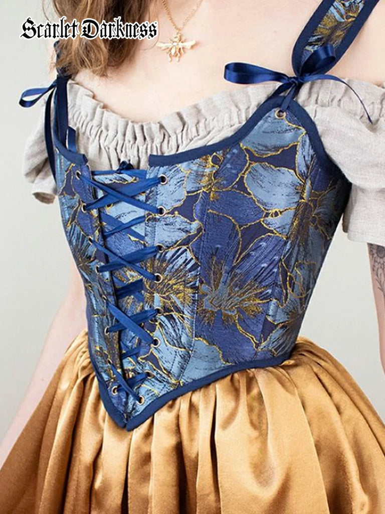 Scarlet Darkness Royal Blue Victorian Jacquard Corset with Lace up