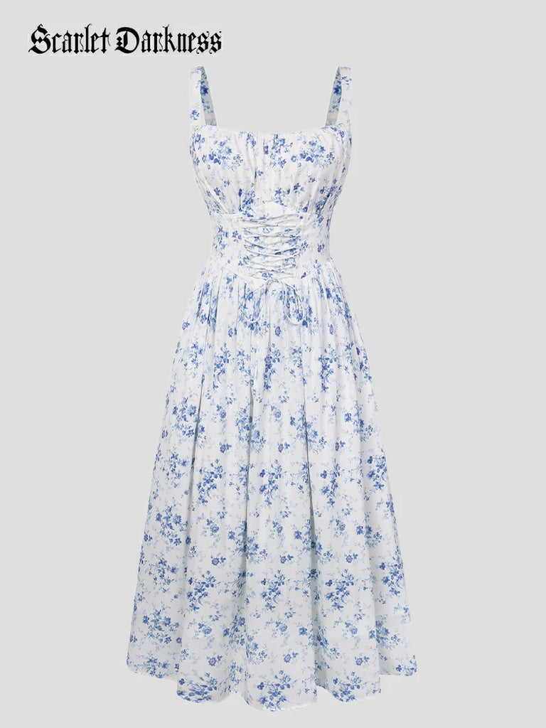 Scarlet Darkness 2026 Summer Floral Chiffon Flared Sundress for Women Blue