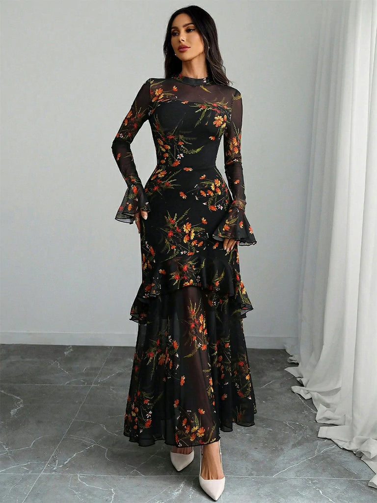 Scarlet Darkness Floral Mesh Cover-Up Party Dress with Ruffled Sleeves