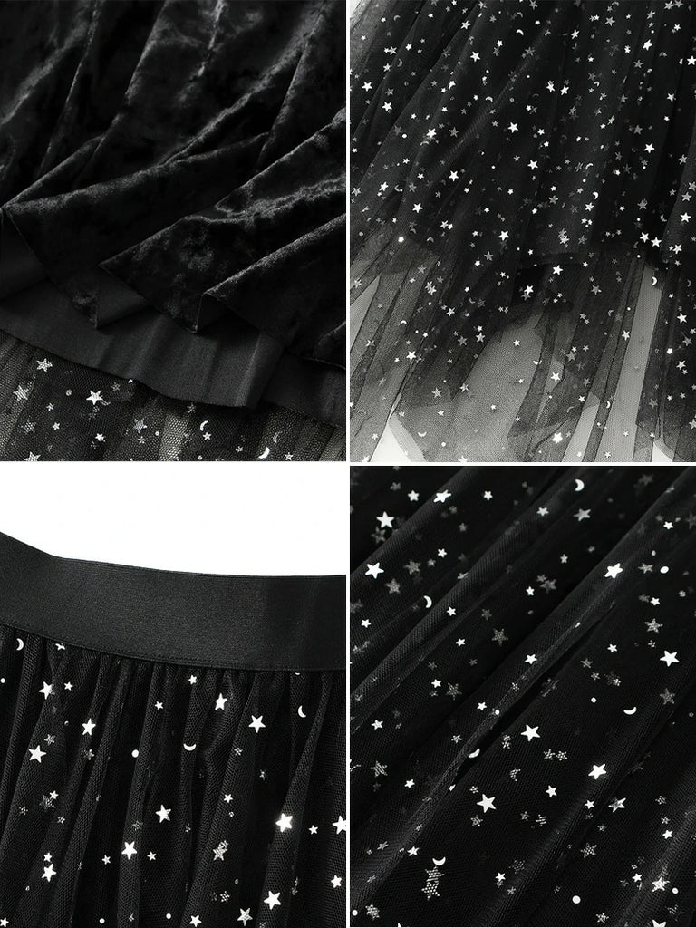 Scarlet Darkness Women Puffy Star Mesh Irregular Hem Skirt