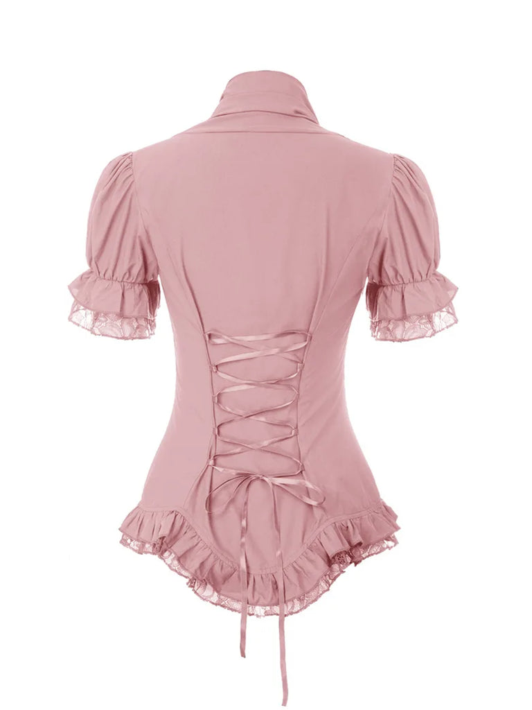 Pink Victorian Pleated Shirt Lace Up Work Blouse SCARLET DARKNESS