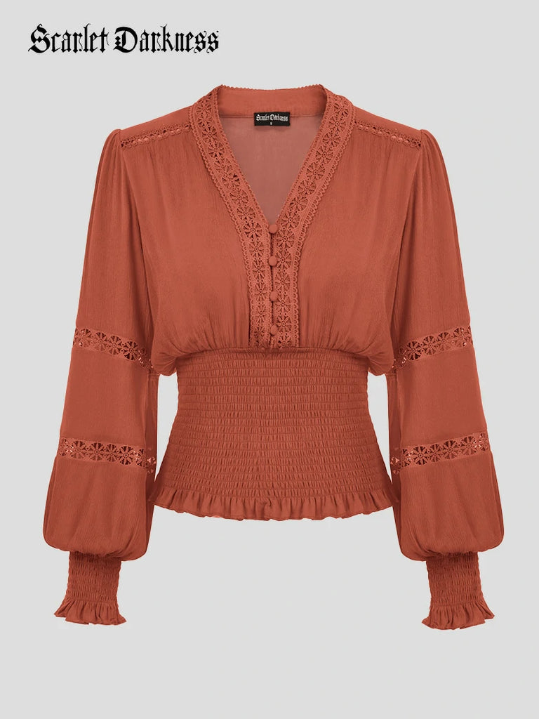 Scarlet Darkness Smocked Waist Renaissance Cotton Peasant Tops Orange