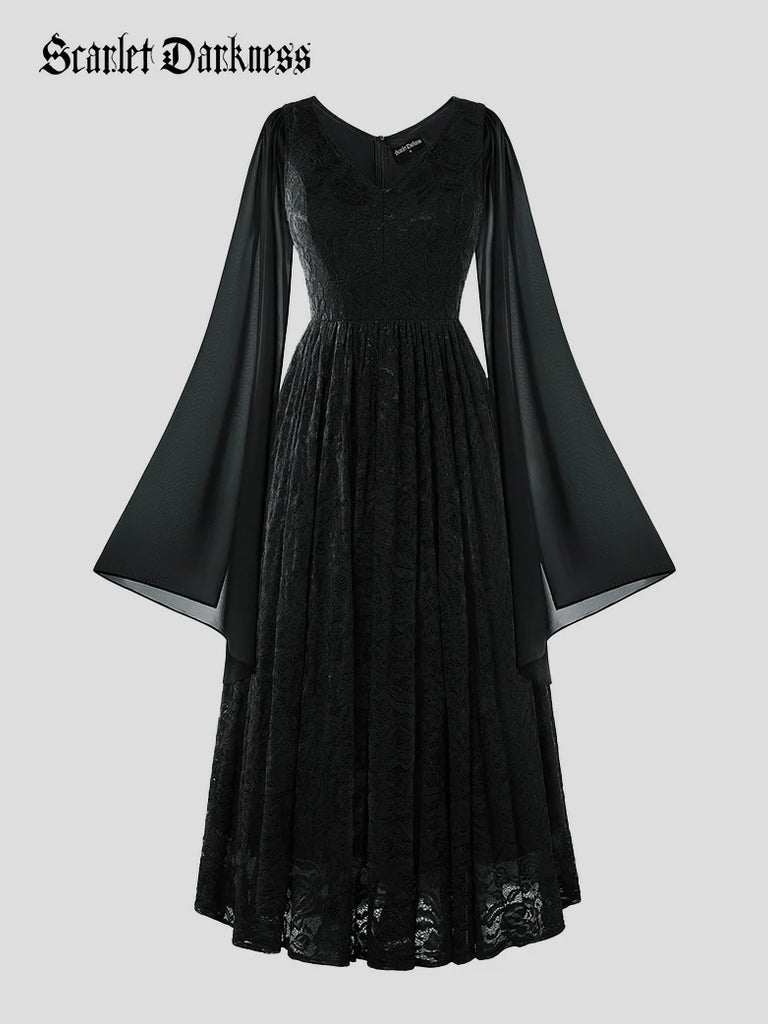 Scarlet Darkness VIctoria Gothic Chiffon Lace Slit Sleeve Party Dress Black