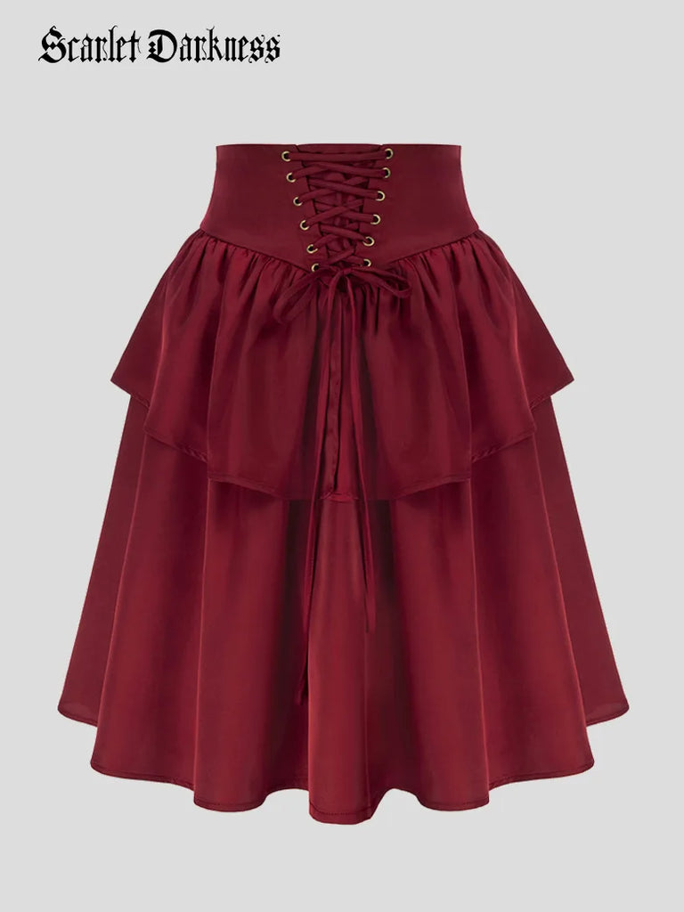Dual-Layer Smocked Back High Waist A-Line Skirt SCARLET DARKNESS