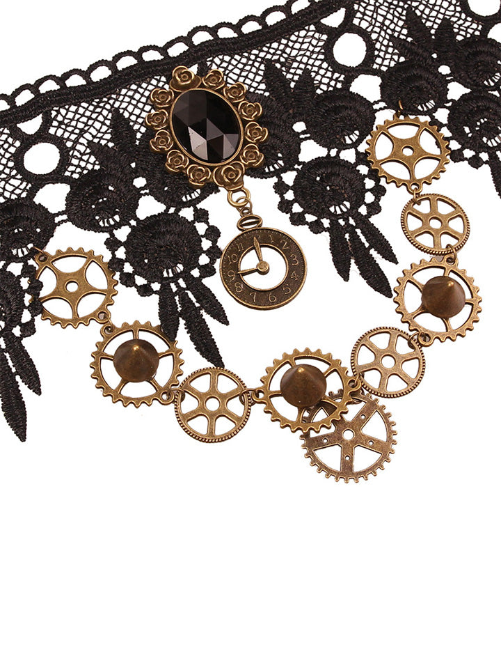 Scarlet Darkness Lace Meets Metal Hollow Gear Steampunk Skull Lace Chocker