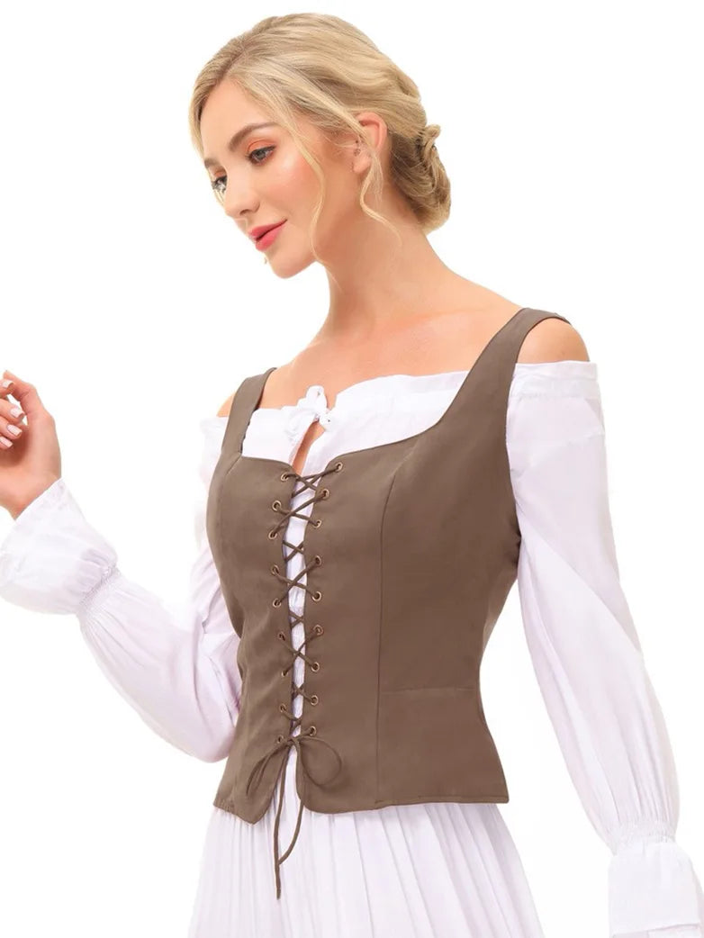 Women Medieval Bodice Reversible Lace Up Corset Renaissance Pirate Wench  Vest 