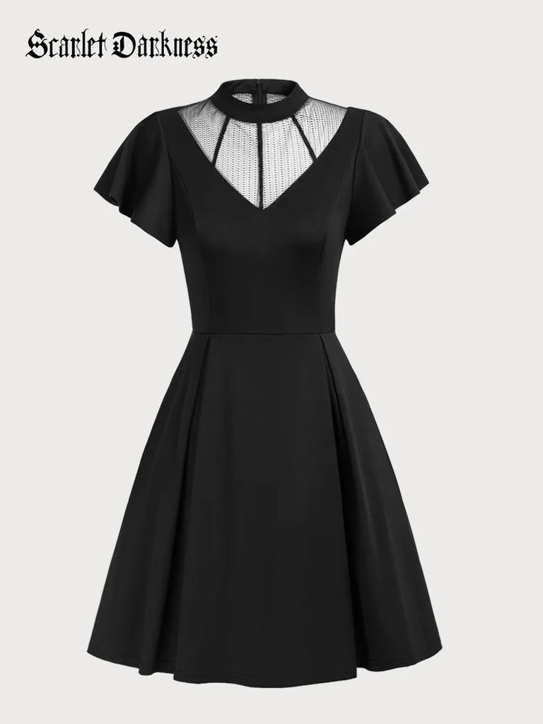 Gothic Mesh Patchwork Stand Collar A-Line Dress Scarlet Darkness