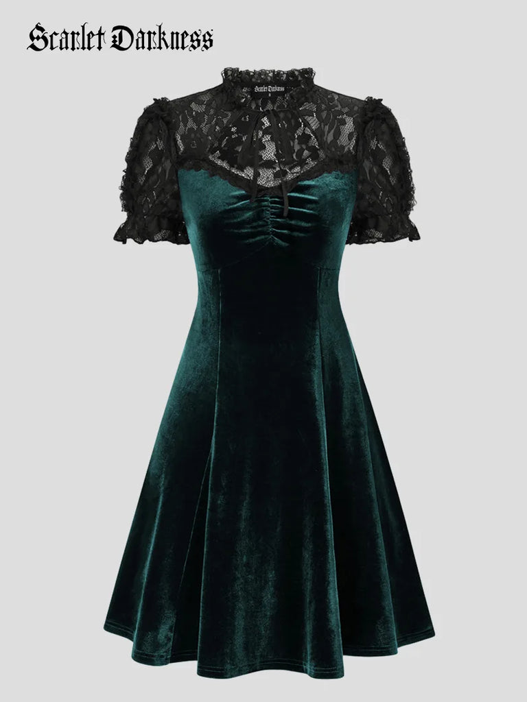 Velvet Gown Gothic Lace Patchwork Hollowed-out A-Line Dress SCARLET DARKNESS