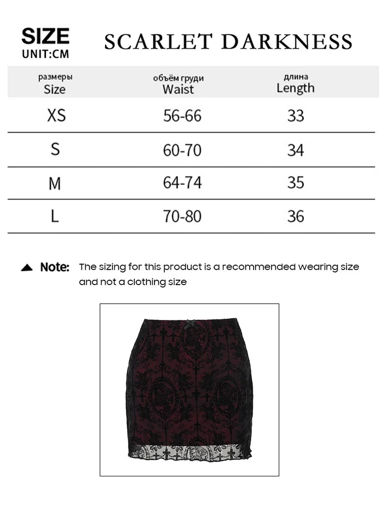 2024 Gothic Women Flocked Double Layer Mini Skirt SCARLET DARKNESS