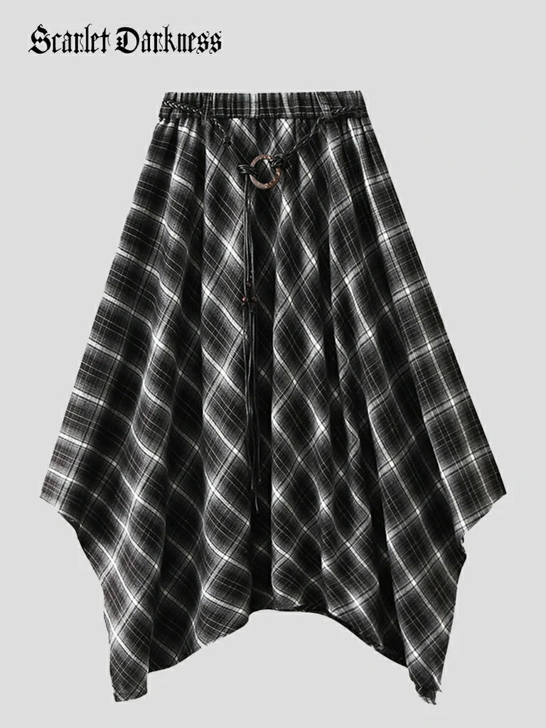 Scarlet Darkness 2025 Retro Plaid Irregular Midi Skirt with Tie Black 66-92cm 86cm