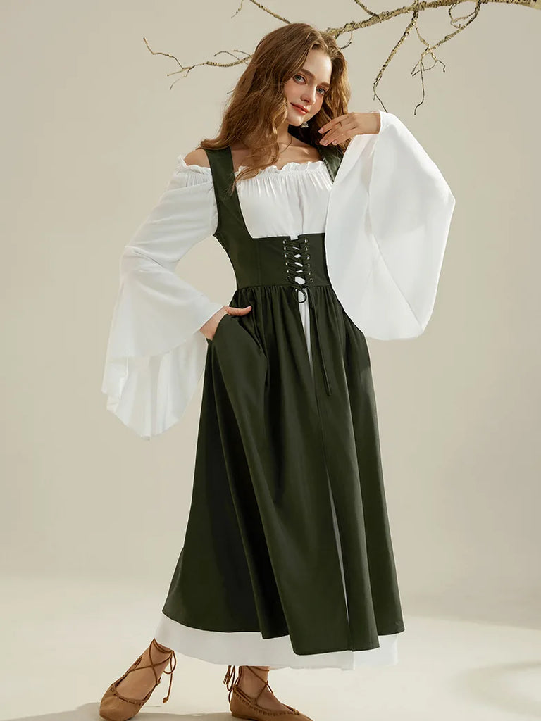 Bell Sleeve Off Shoulder Renaissance Costume+Lace-up Vest SCARLET DARKNESS