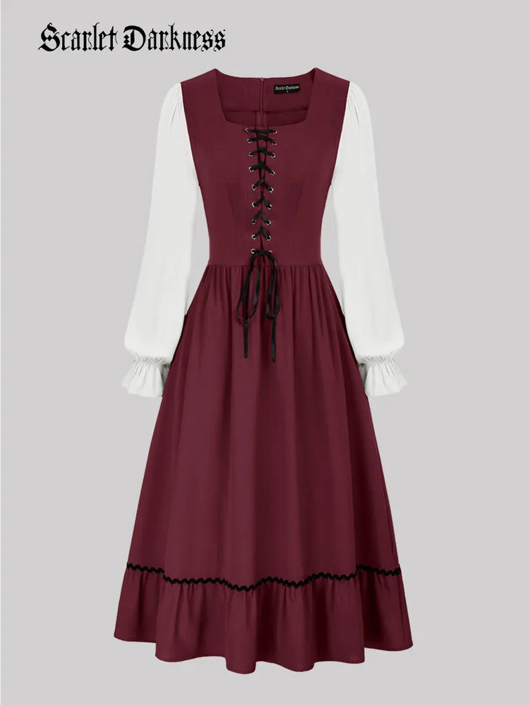 Colonial Contrast Color Dress Square Neck A-Line Dress Scarlet Darkness