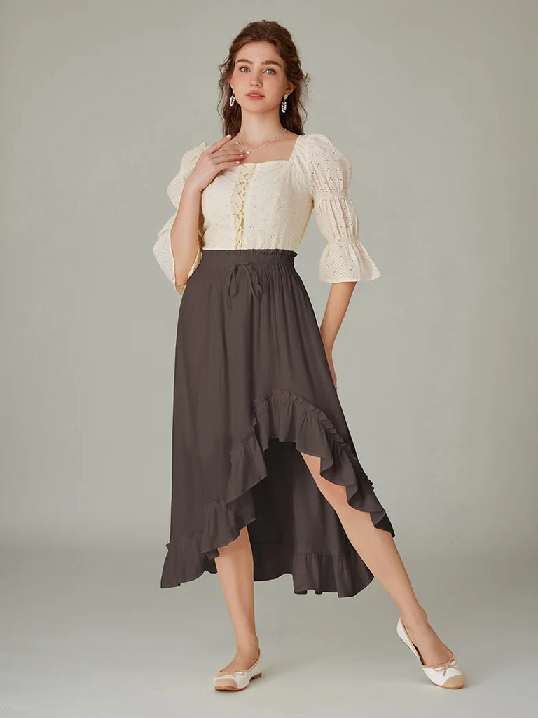 Ren Fair Drawstring Irregular Ruffled Hem Skirt with Pocket SCARLET DARKNESS