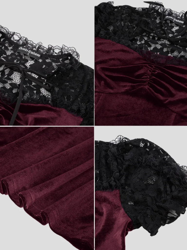Velvet Gown Gothic Lace Patchwork Hollowed-out A-Line Dress Scarlet Darkness