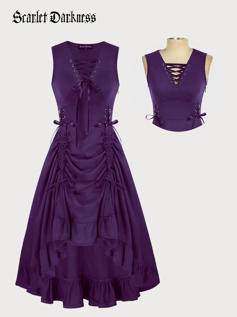 Steampunk Lace-up V-Neck Drawstring A-Line Dress SCARLET DARKNESS