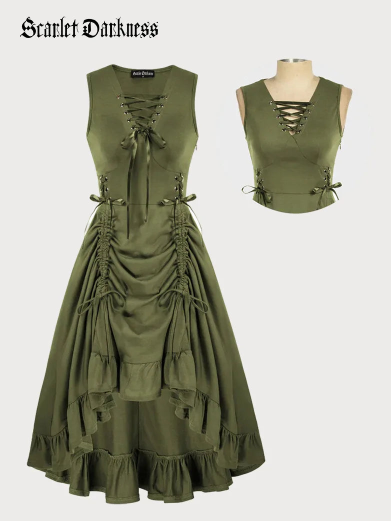 SCARLET DARKNESS Steampunk Tank Dress for Women Lace-Up Ruffle Hem