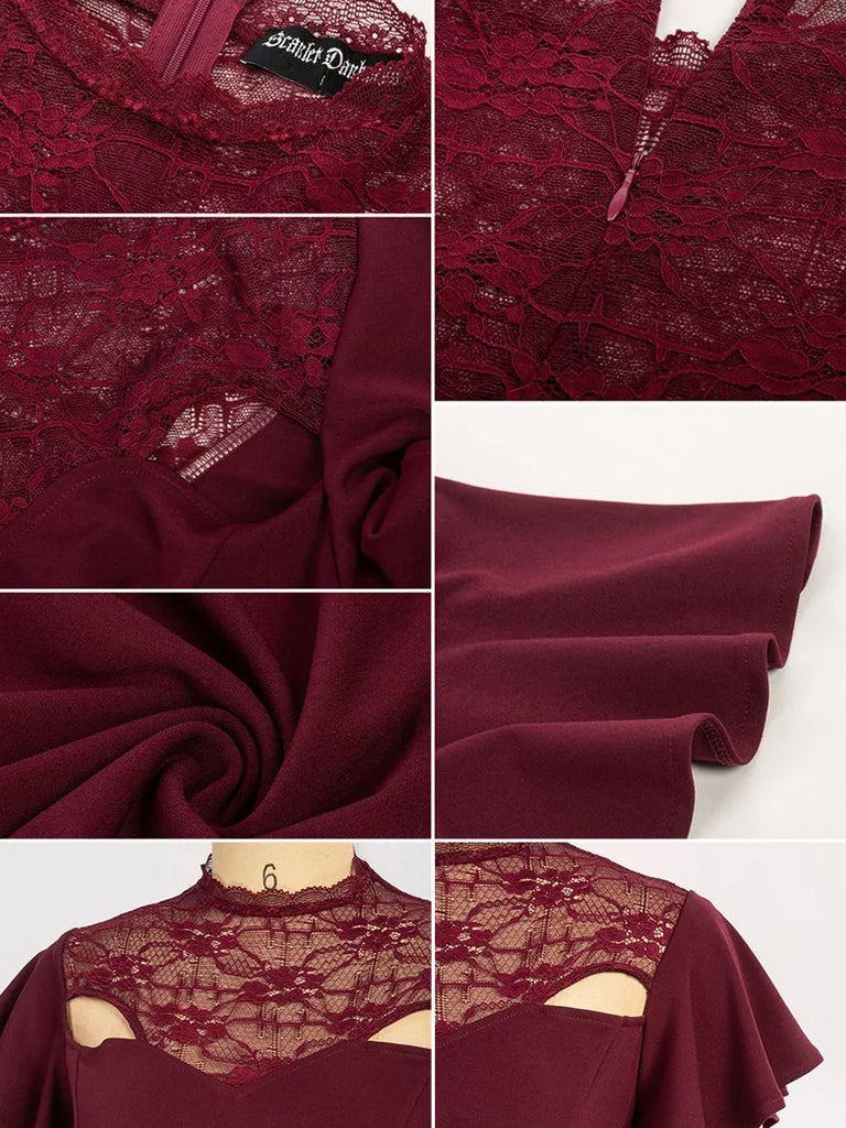 Gothic Lace Patchwork Short Sleeve Irregular Hem Dress Scarlet Darkness