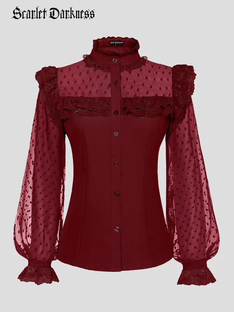 Victorian Gothic Mesh Patchwork Stand Collar Lace Tops SCARLET DARKNESS