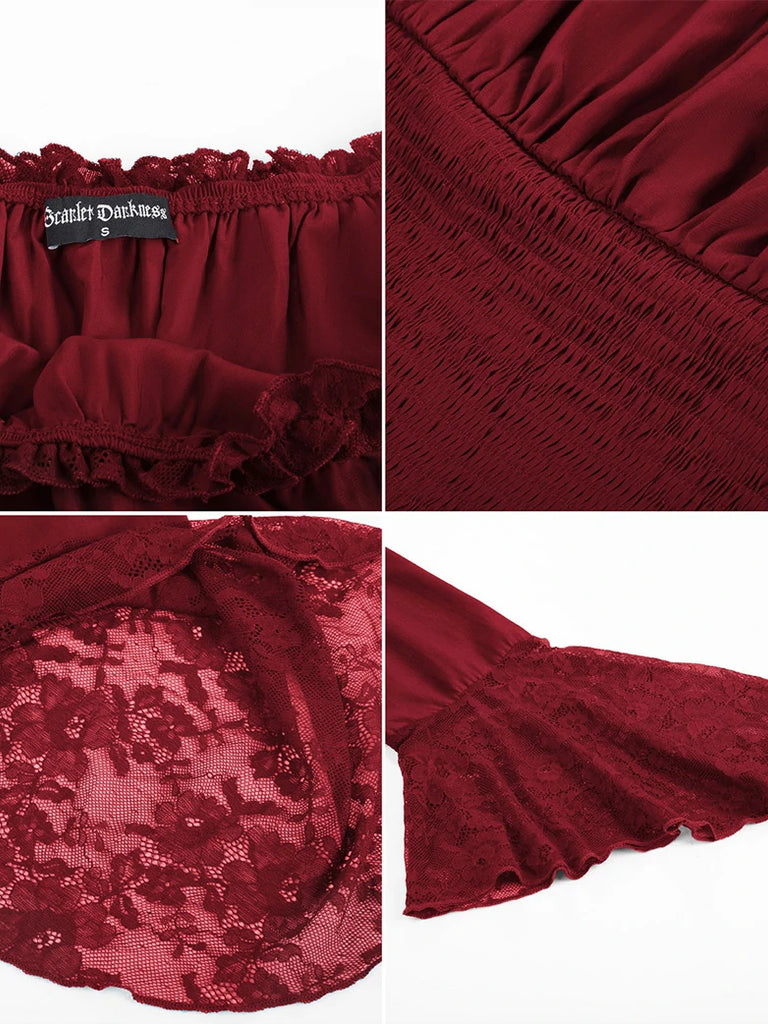 Scarlet Darkness Women Off Shoulder Wide Lace Sleeves Pullover Tops