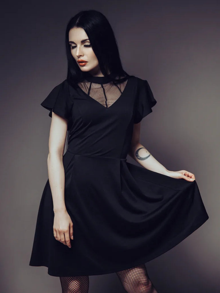 Gothic Mesh Patchwork Stand Collar A-Line Dress SCARLET DARKNESS