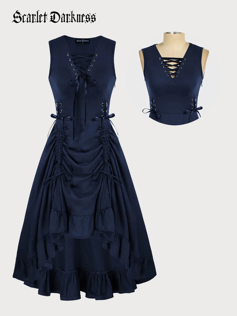 Steampunk Lace-up V-Neck Drawstring A-Line Dress SCARLET DARKNESS