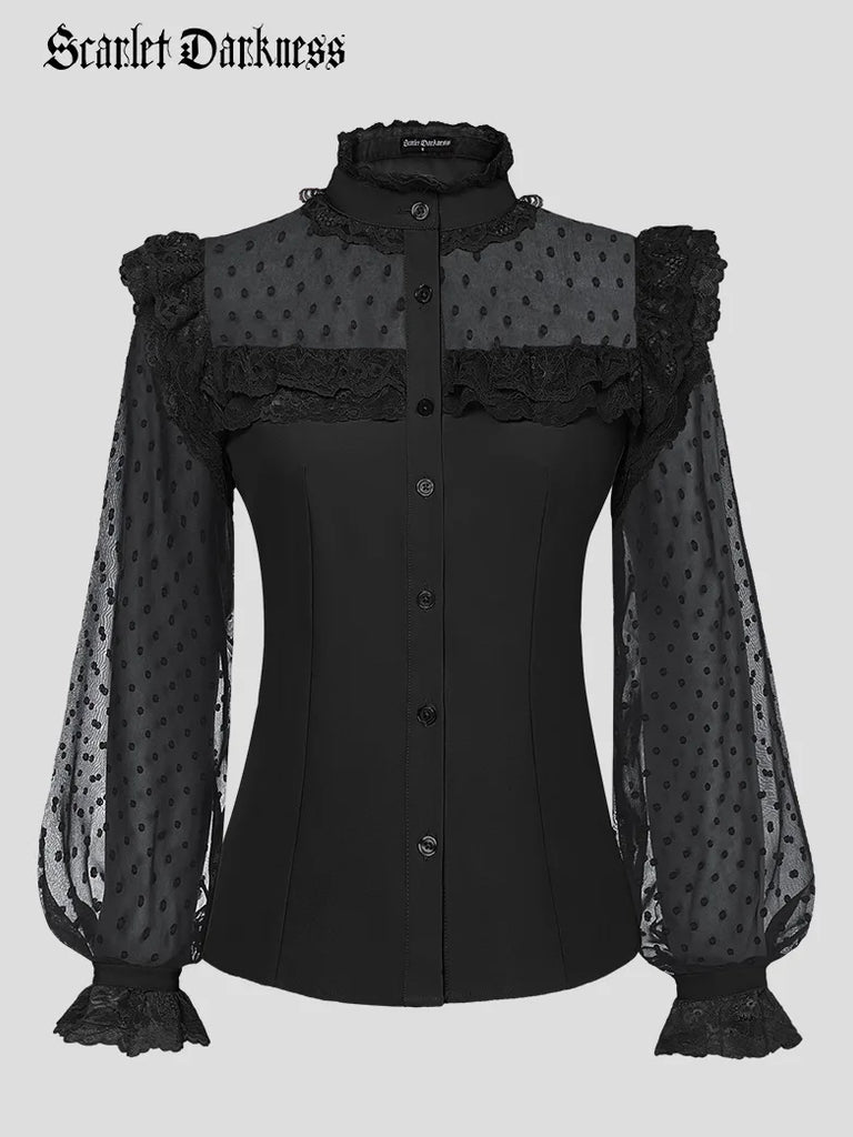 Victorian Gothic Mesh Patchwork Stand Collar Lace Tops SCARLET DARKNESS