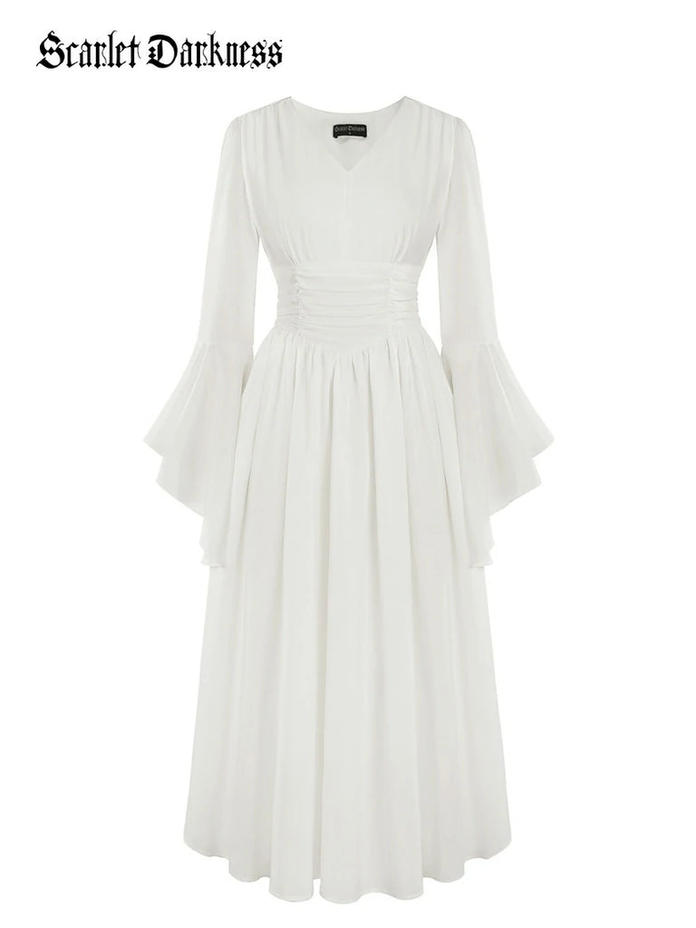 Scarlet Darkness Renaissance Fairy Elastic Waist Maxi Dress with Pockets White