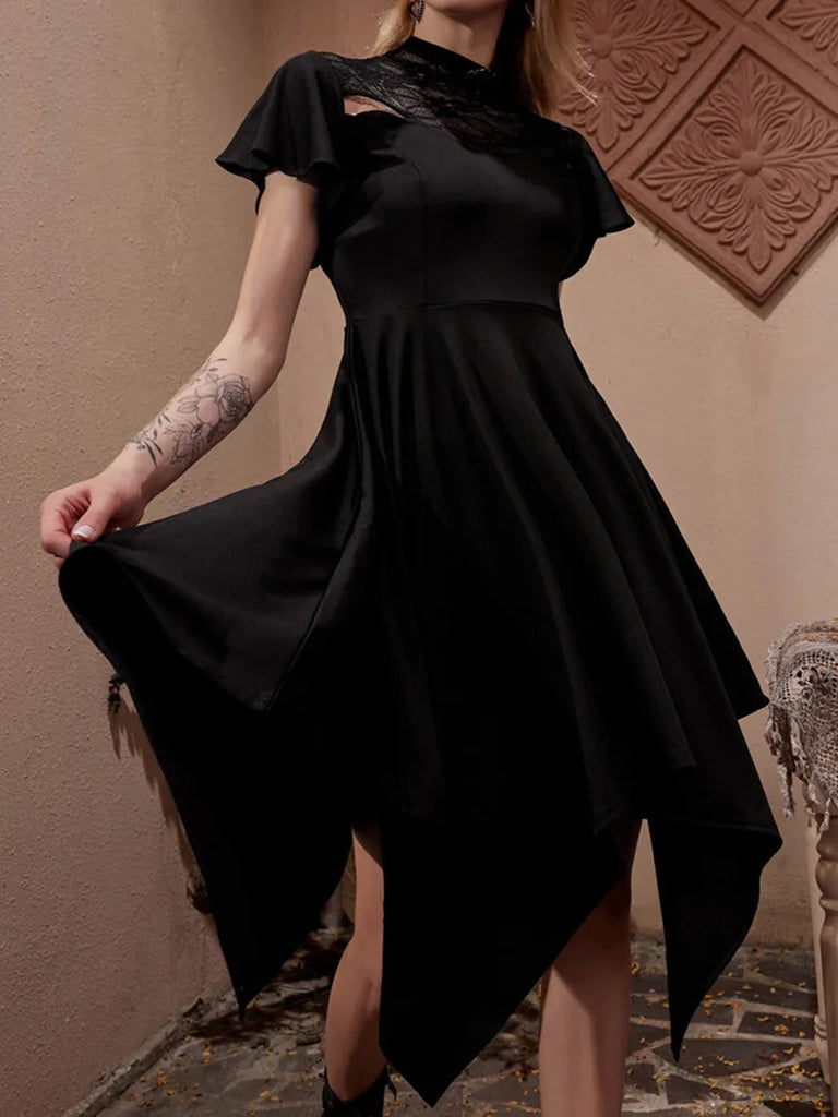 Gothic Lace Patchwork Short Sleeve Irregular Hem Dress Scarlet Darkness