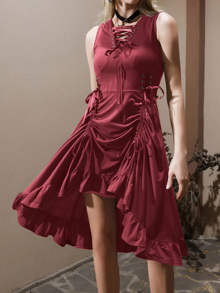 Steampunk Lace-up V-Neck Drawstring A-Line Dress Scarlet Darkness