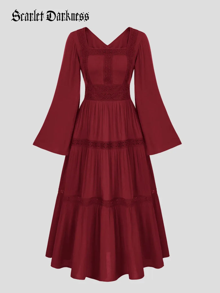 Embroidery Hollow out Tiered Bell Sleeves A-Line Dress Scarlet Darkness