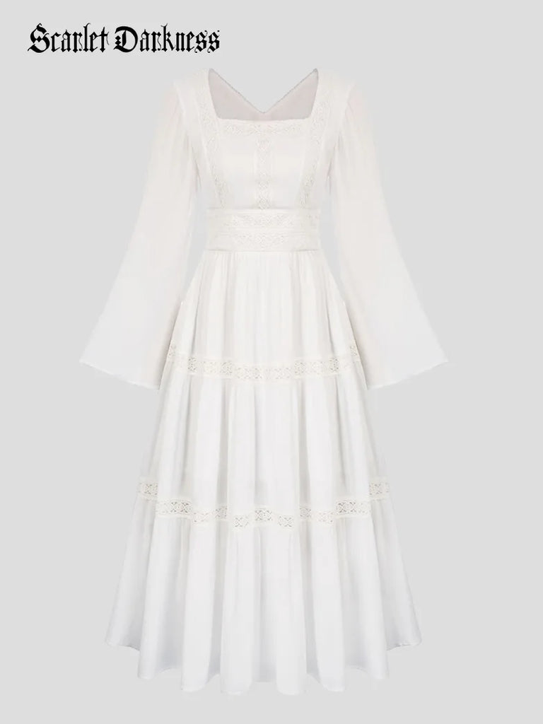 Embroidery Hollow out Tiered Bell Sleeves A-Line Dress