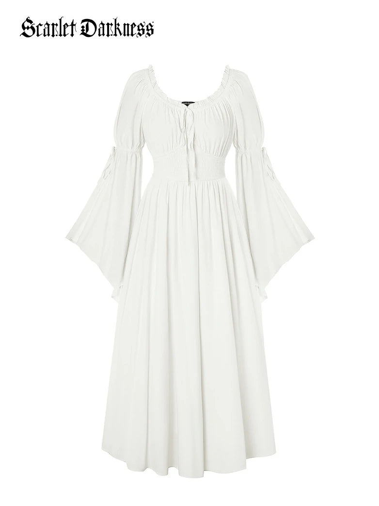 white renaissance dress long sleeve Kaemgyyd Renaissance Dress for Women Vintage Flare Long Sleeve Tie up Party Dress Smocked Waist Gothic High Low Dress, Women's, Size: Medium, Black