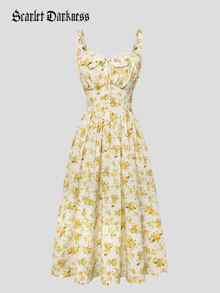 Scarlet Darkness Spring Victorian Floral Pockets Corset Milkmaid Dress Yellow