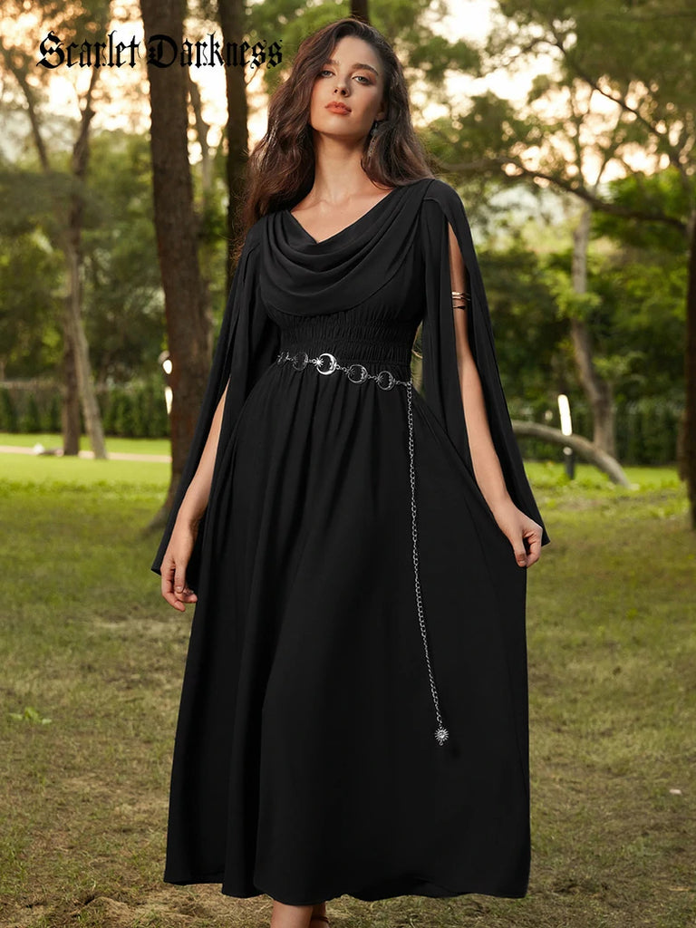 Scarlet Darkness Renaissance Fairy Slit Sleeve Draped Neck Pockets Dress