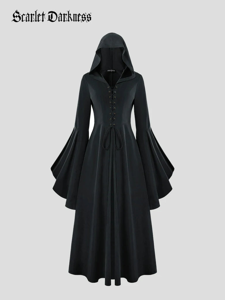 Scarlet Darkness Renfaire Celtic Cloak Bell Slit Sleeve Hooded Dress Black