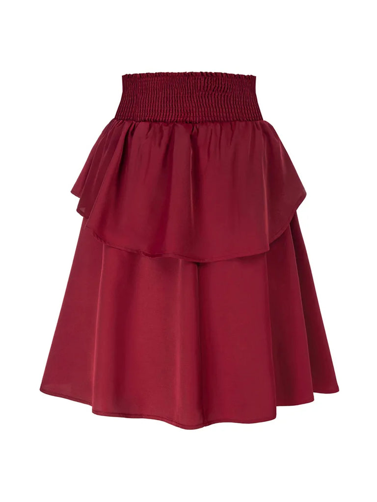 Dual-Layer Smocked Back High Waist A-Line Skirt Scarlet Darkness