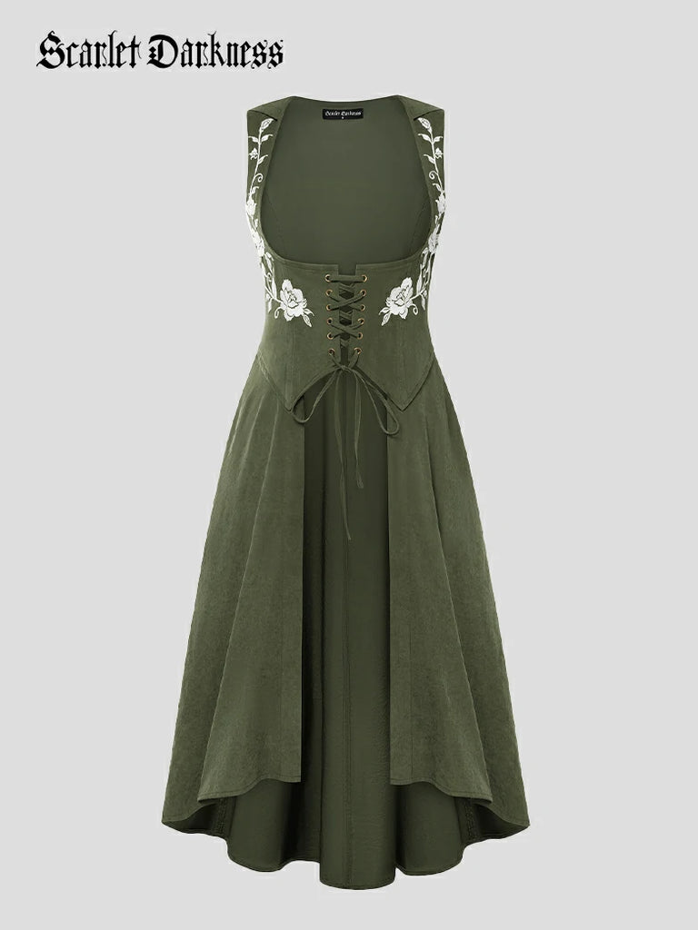 Scarlet Darkness Renaissance Warrior Rose-embroidered Hooded Vest Dress