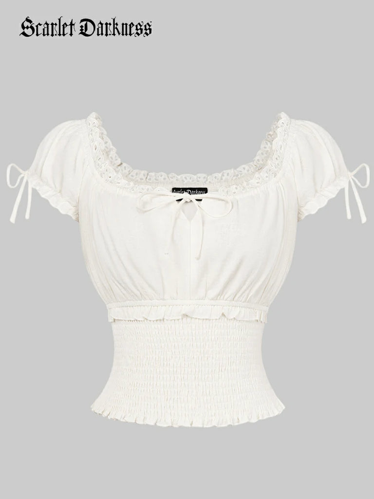 Scarlet Darkness 100% Cotton Renaissance Smocked Waist Tops White