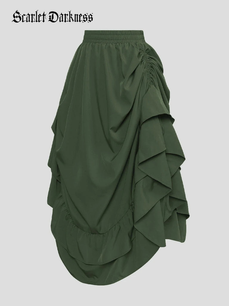 Scarlet Darkness Women Punk Ruffled High-Low Drawstring Skirt