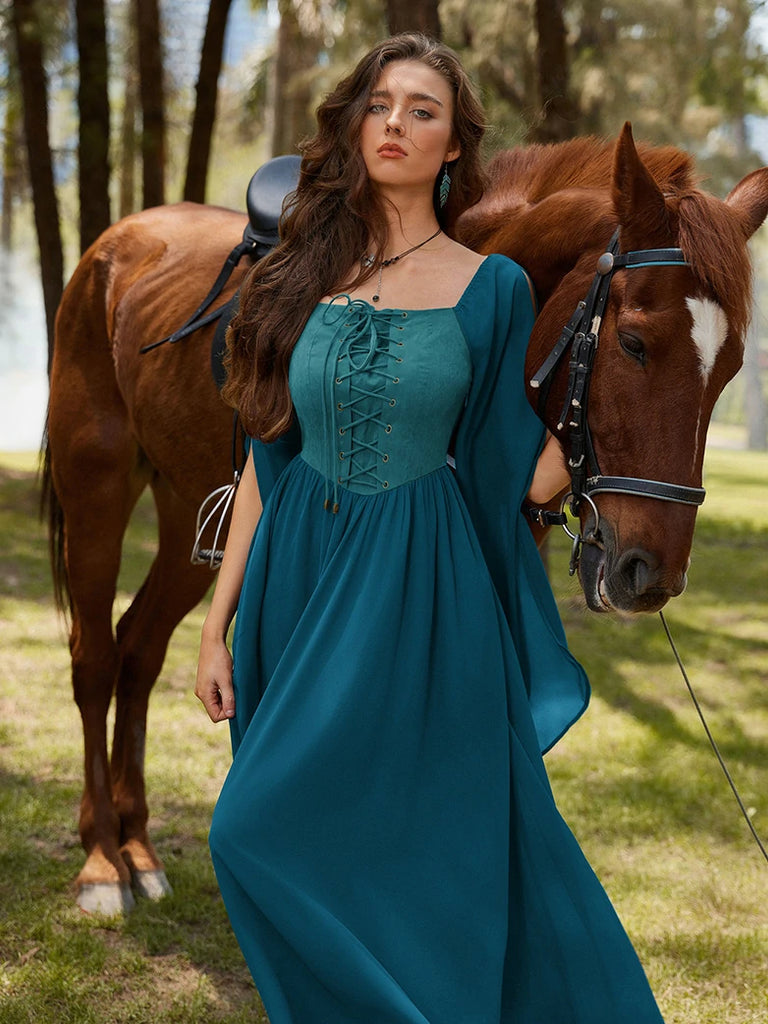 Scarlet Darkness Renaissance Corset Dress Contrast Slit Sleeve Pocket Dress