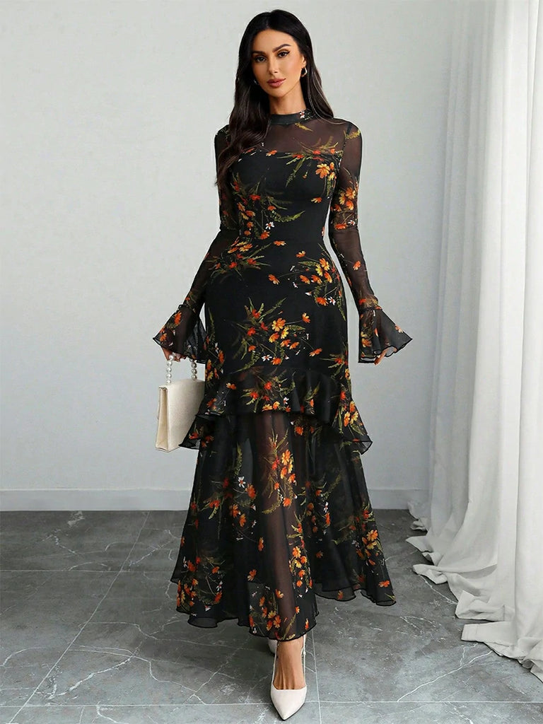 Scarlet Darkness Floral Mesh Cover-Up Party Dress with Ruffled Sleeves Black