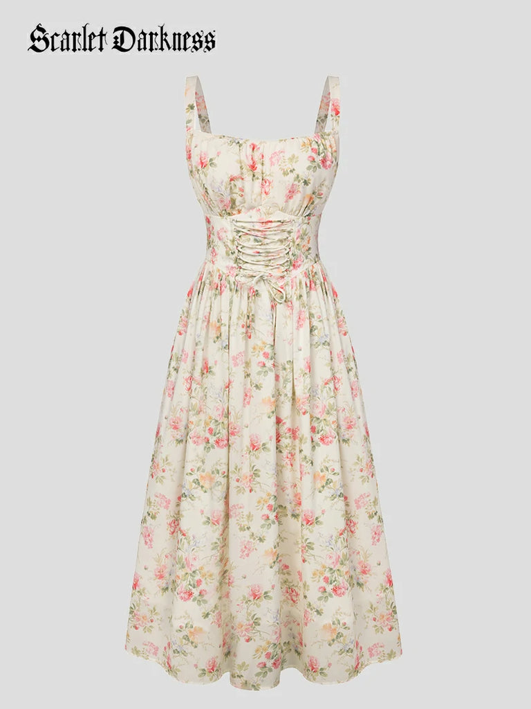 Scarlet Darkness 2026 Summer Floral Chiffon Flared Sundress for Women Orange